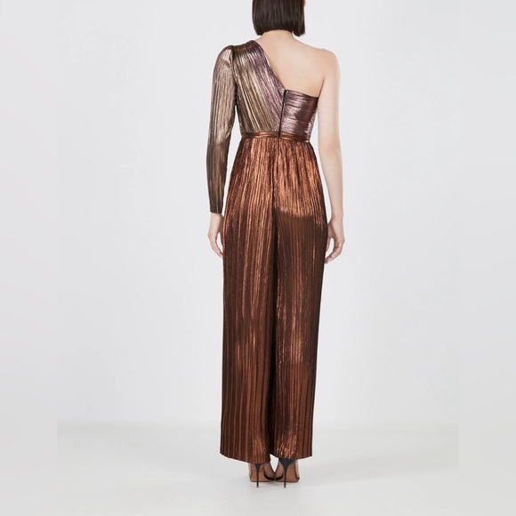 BCBGMaxAzriaMWX7D39 Metallic Pleated Jumpsuit Dresses in Copper Comb NWT